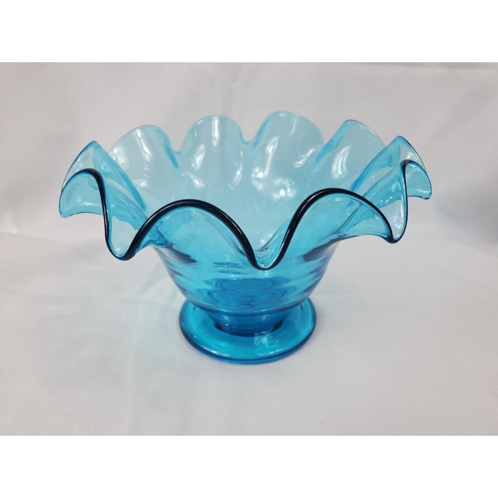 Vintage Bischoff Glass Ruffled 5" Blue Candy Bowl Dish Footed Mid-Century Modern